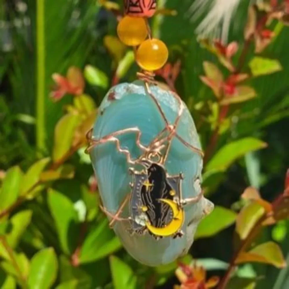 Green Agate Gemstone Beaded Crow Charm Window Sun Catcher